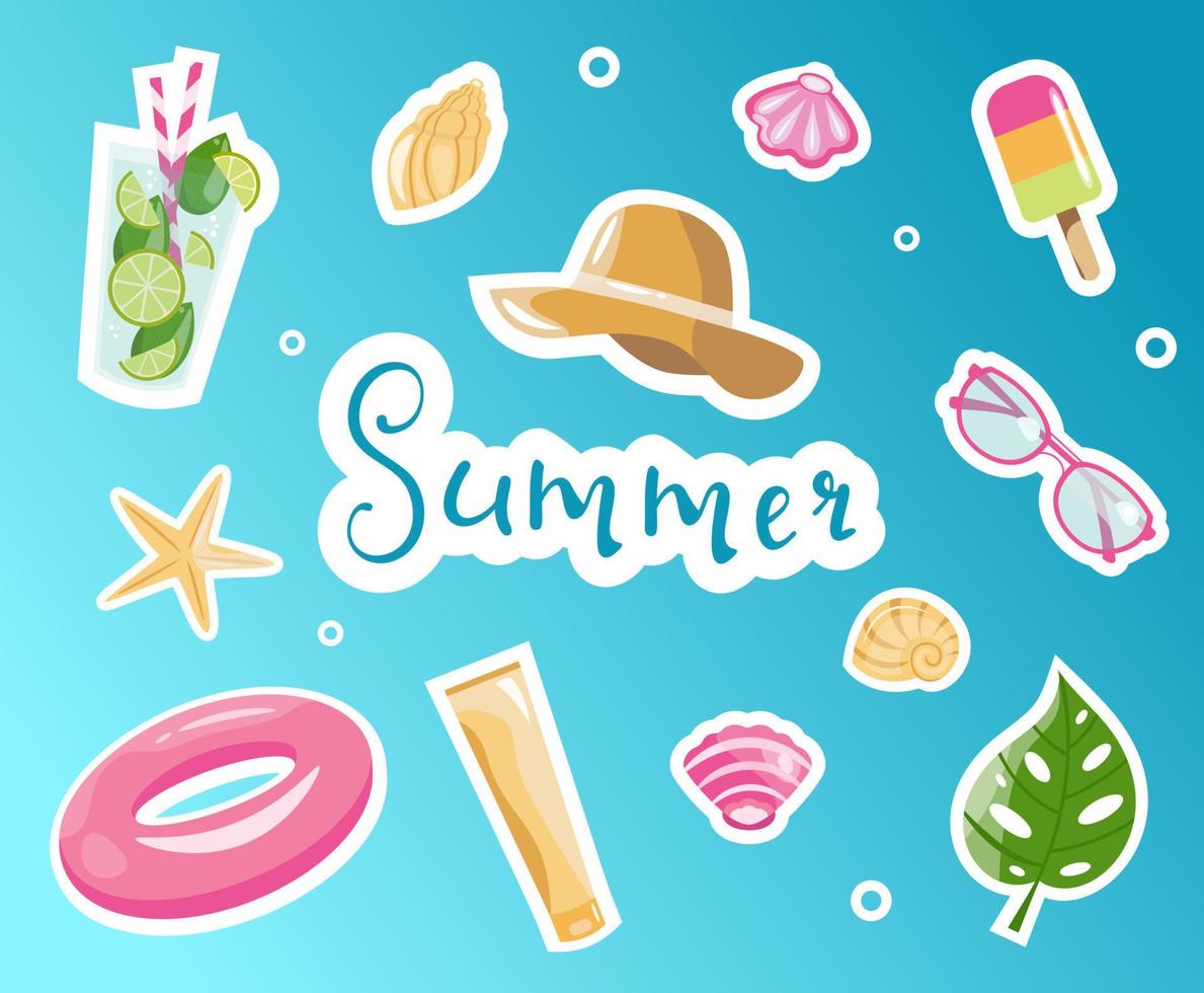 Cute summer set with hand drawn tropical elements, lettering, ice cream, shells, mojito, sunglass, straw hat, sunscreen, rings for swimming. Collection of scrapbooking elements for beach party. vector