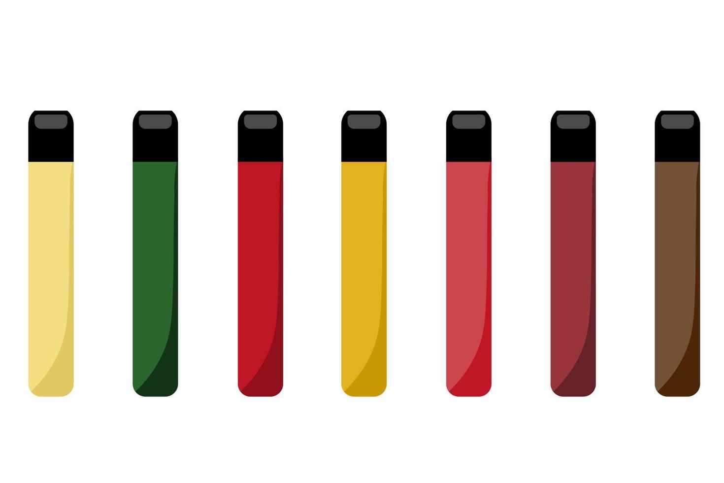 Flat vector illustration of electronic cigarette, different colours of a vape mods. Electronic cigarettes set. E-cigarette for vaping. Equipment for smoking. Disposable electronic cigarettes.