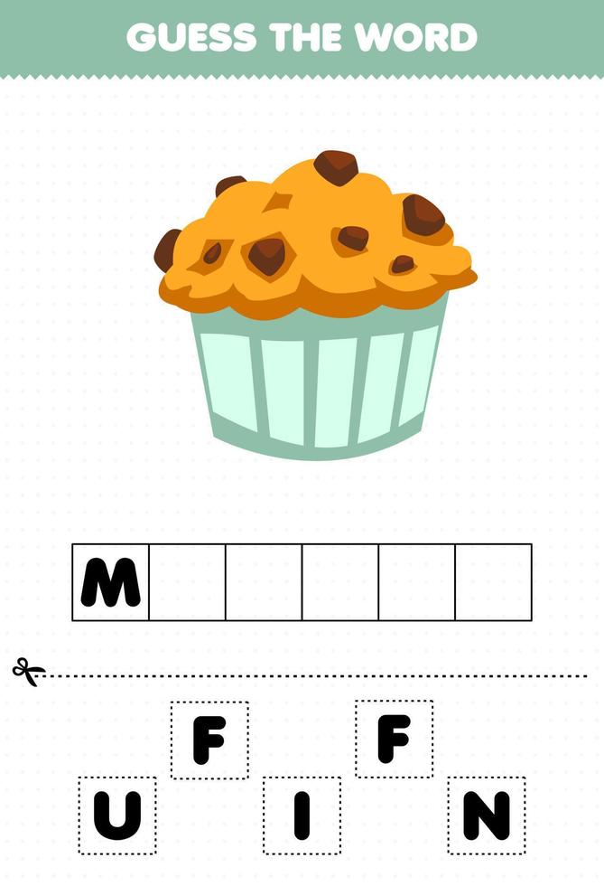 juego educativo para niños adivina la palabra letras practicando muffin de comida de dibujos animados vector