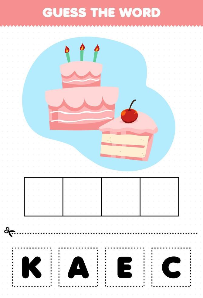 Education game for children guess the word letters practicing cartoon food cake vector