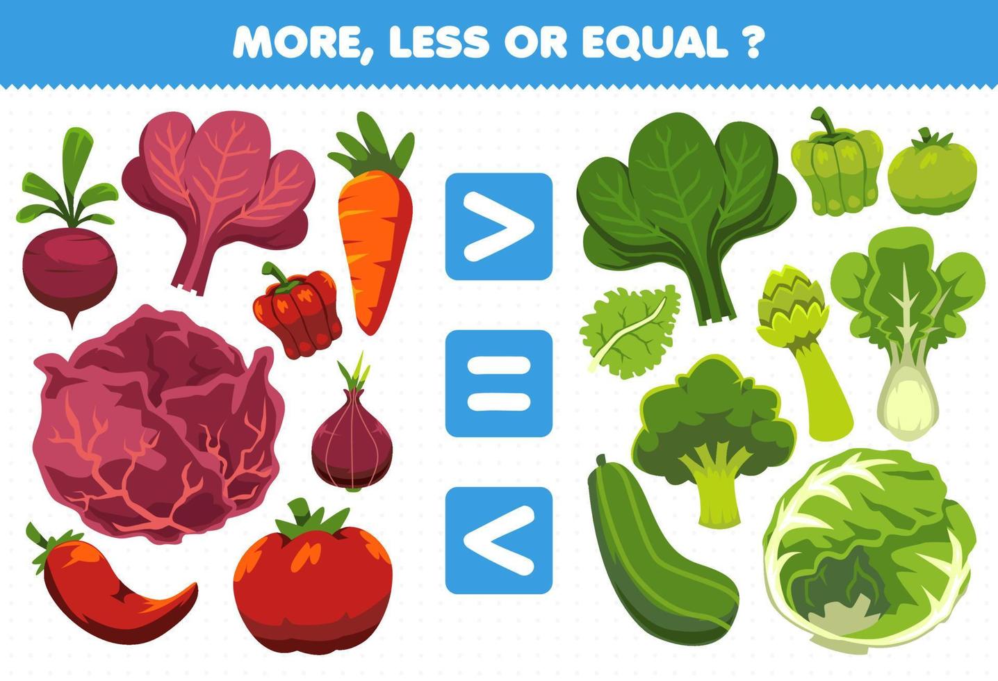 Education game for children more less or equal count the amount of cartoon vegetables beet red spinach paprika carrot cabbage shallot chilli tomato kale broccoli lettuce cucumber vector