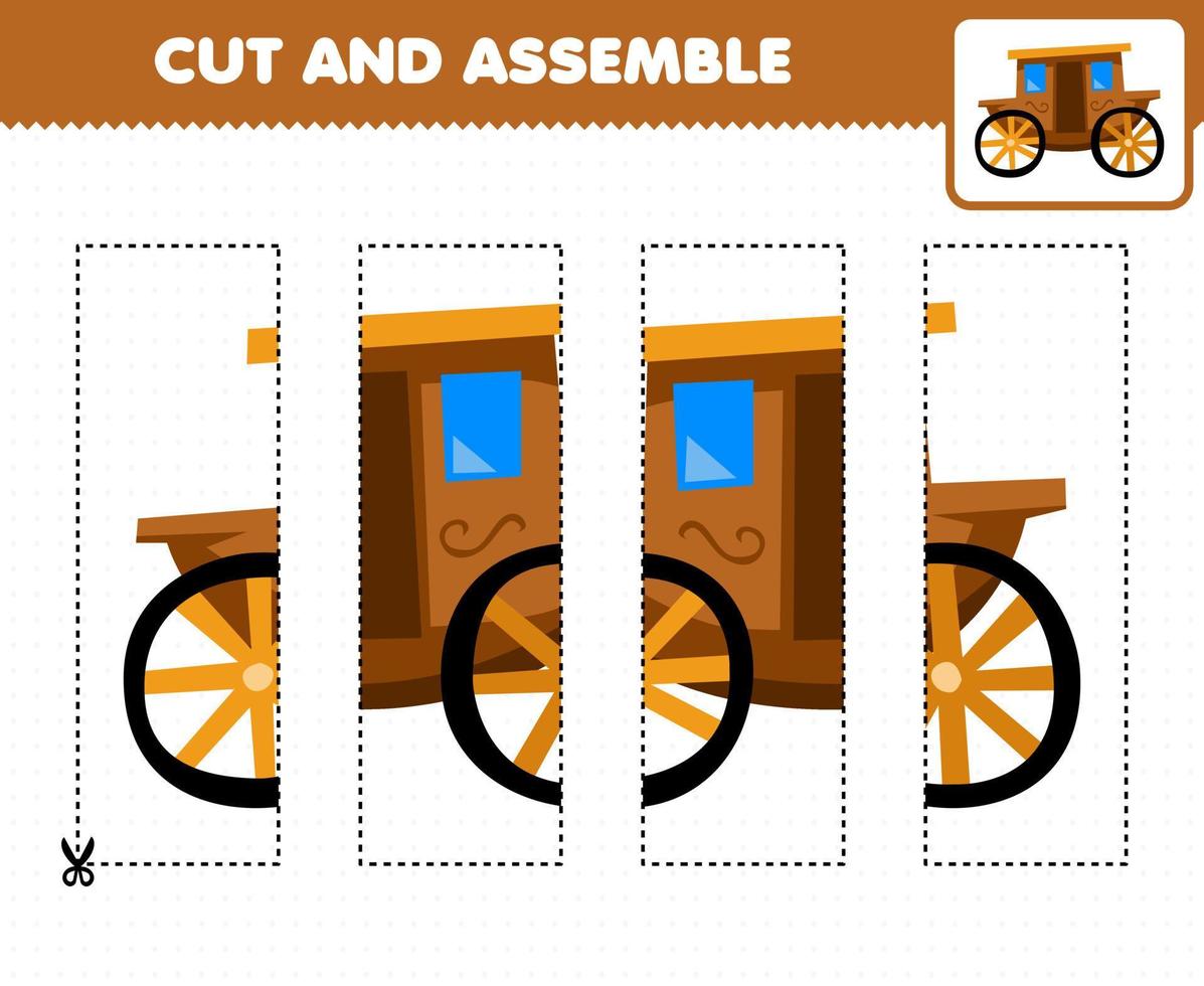 Education game for children cutting practice and assemble puzzle with cartoon transportation carriage vector