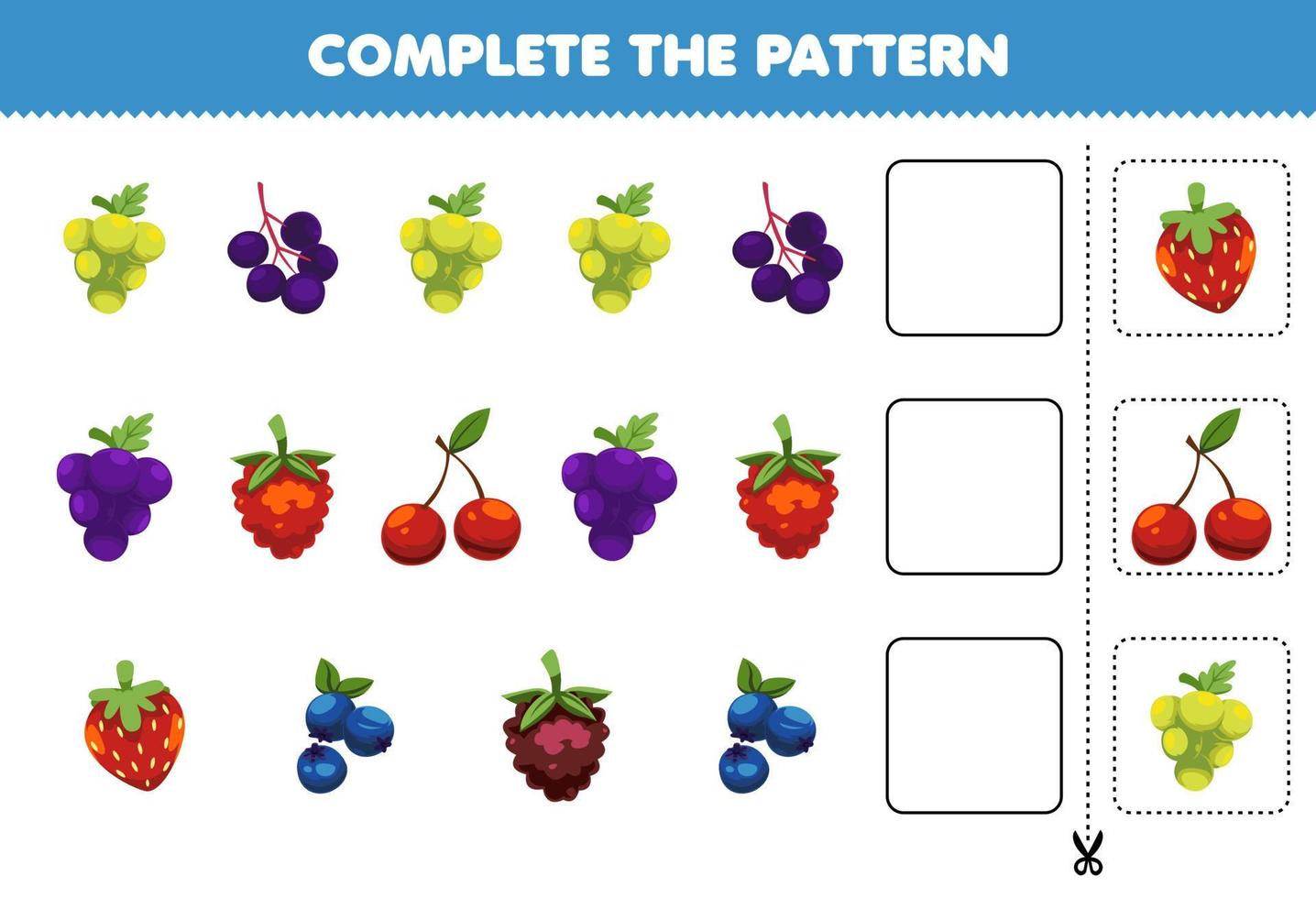 juego educativo para niños complete el patrón de pensamiento lógico encuentre la regularidad y continúe la tarea de la fila con frutas de bayas de dibujos animados vector