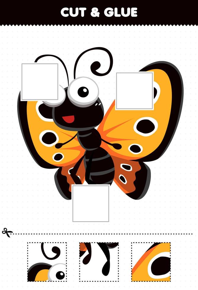 juego educativo para niños corta y pega corta partes de una linda mariposa animal de dibujos animados y pégalas hoja de trabajo imprimible vector
