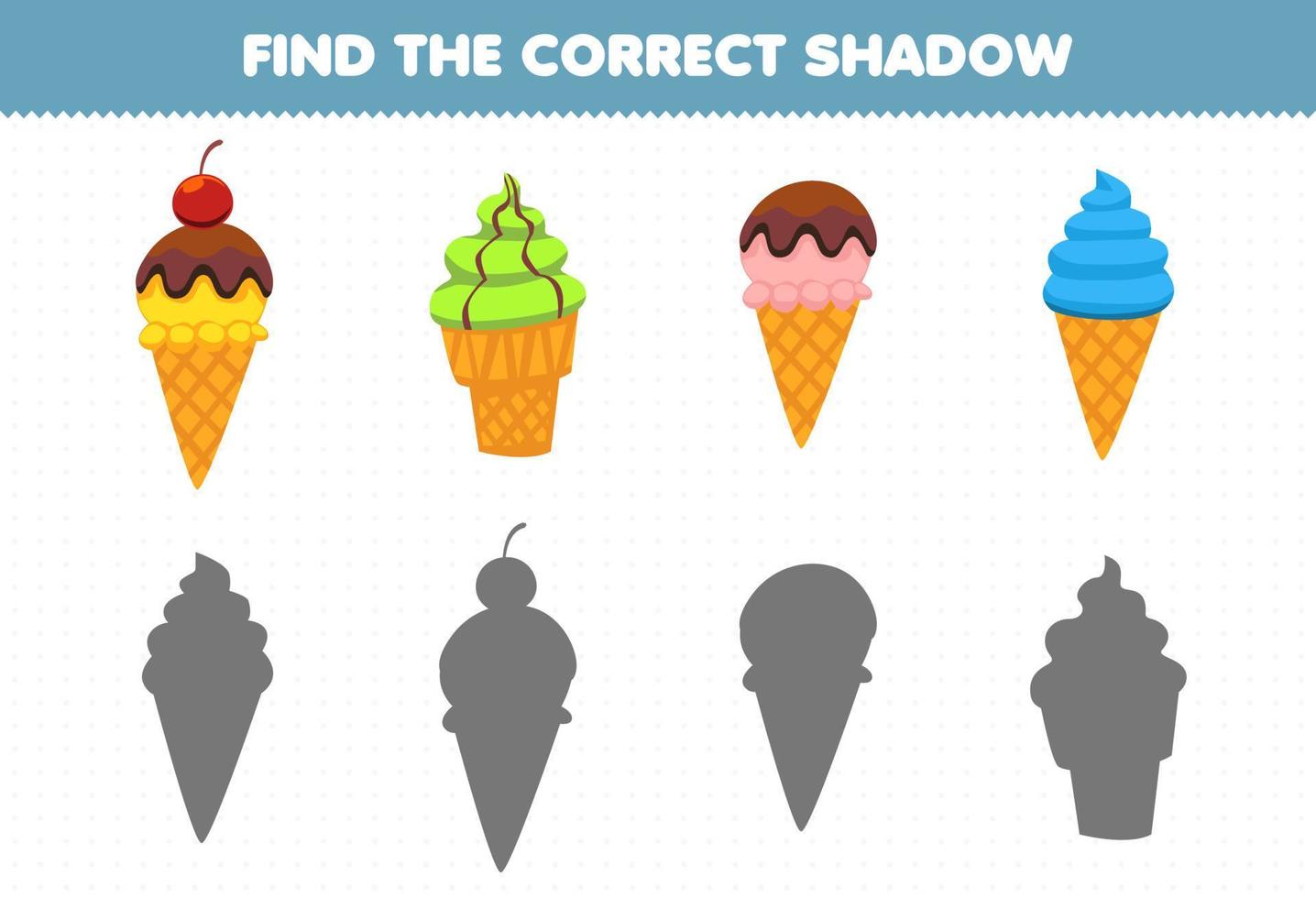 juego educativo para niños encuentra el juego de sombras correcto de helado de dibujos animados vector