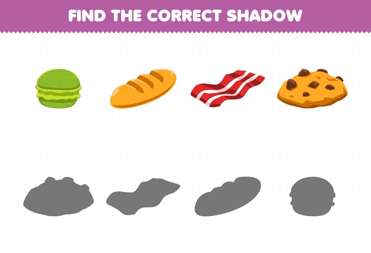 Education game for children find the correct shadow set of cartoon food and snack macaroon bread bacon cookie vector