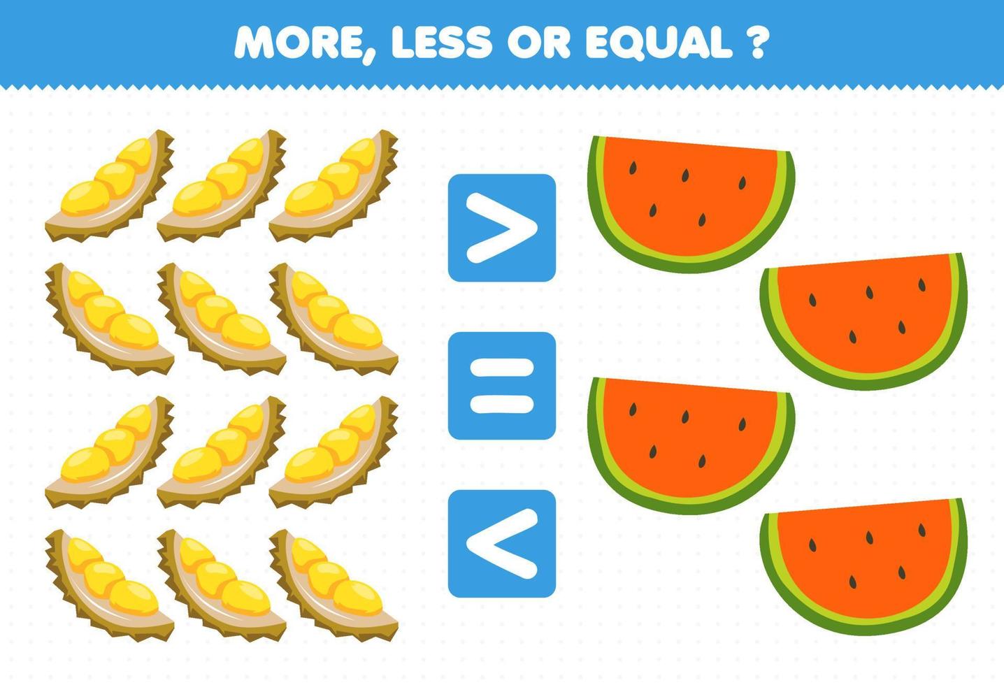 juego educativo para niños más menos o igual contar la cantidad de frutas de dibujos animados rebanada de durian y sandía vector