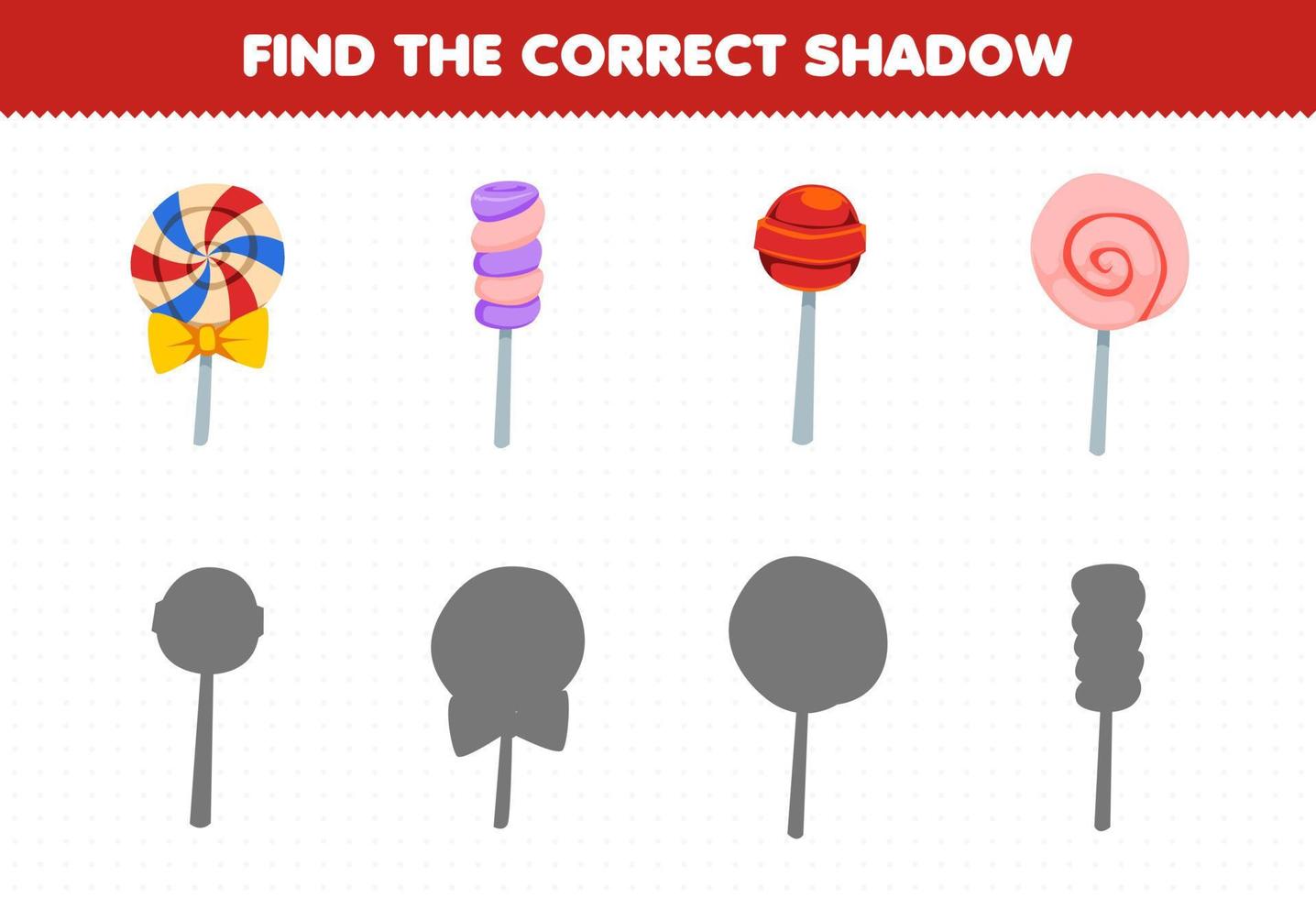 Education game for children find the correct shadow set of cartoon candy vector