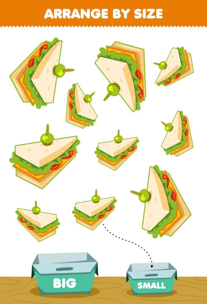 juego educativo para niños organizar por tamaño grande o pequeño ponerlo en la caja comida de dibujos animados bocadillos imágenes de sándwich vector