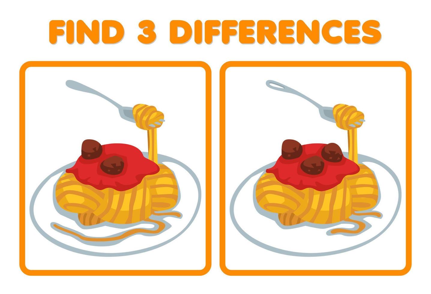 Education game for children find three differences between two cartoon picture of food spaghetti vector