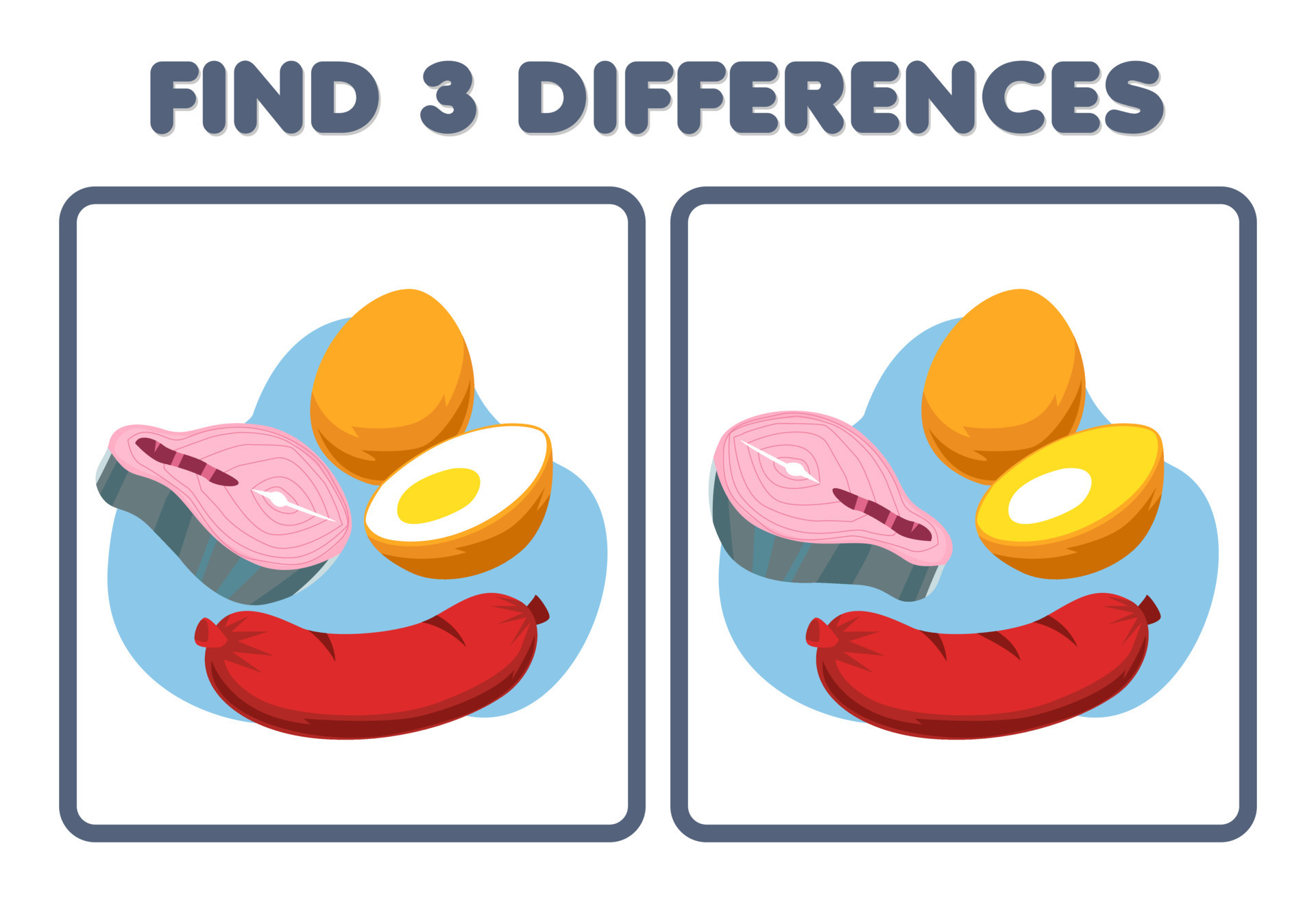 Education game for children find three differences between two cartoon  picture of food salmon egg sausage 9467622 Vector Art at Vecteezy
