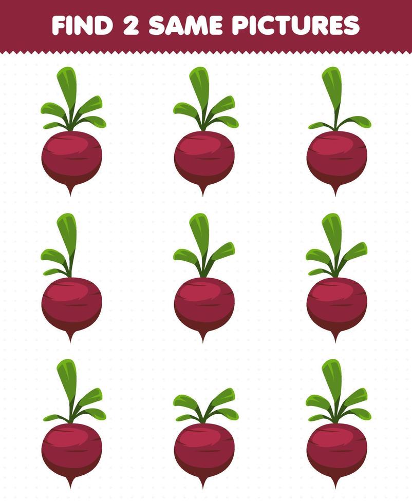 Education game for children find two same pictures vegetable beet vector