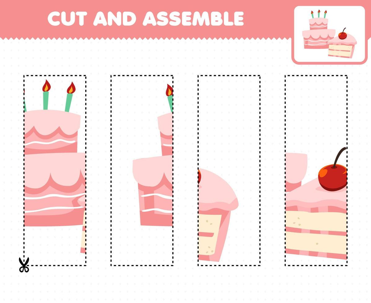 Education game for children cutting practice and assemble puzzle with cartoon food cake vector