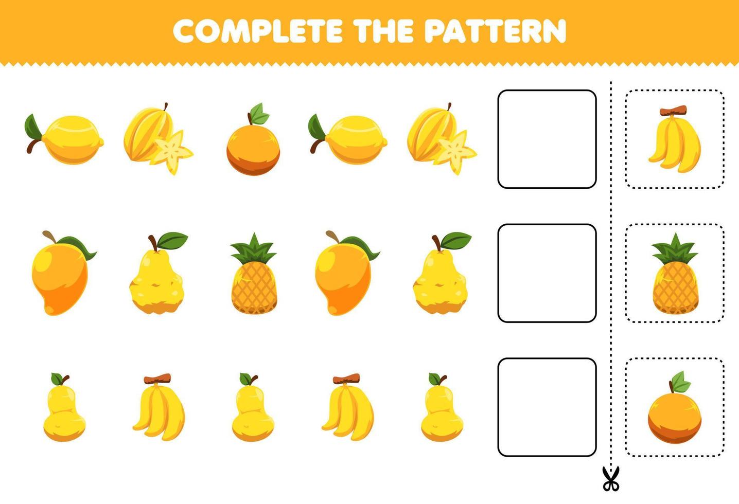 Education game for children complete the pattern logical thinking find the regularity and continue the row task with cartoon yellow fruits vector