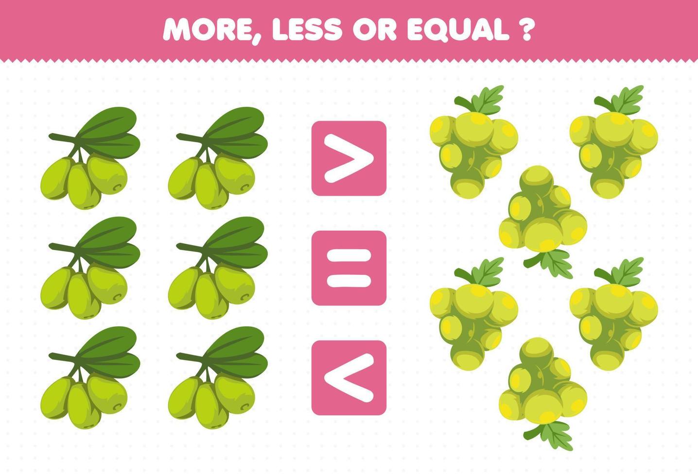 Education game for children more less or equal count the amount of cartoon fruits olive grape vector