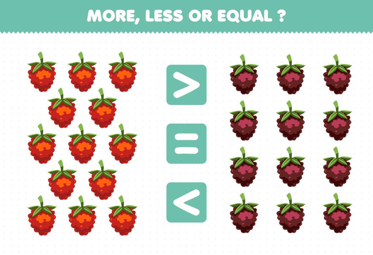 Education game for children more less or equal count the amount of cartoon fruits raspberries dewberries vector