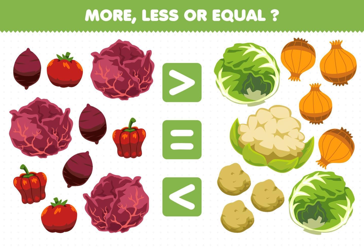 Education game for children more less or equal count the amount of cartoon vegetables yam tomato red cabbage paprika onion potato vector