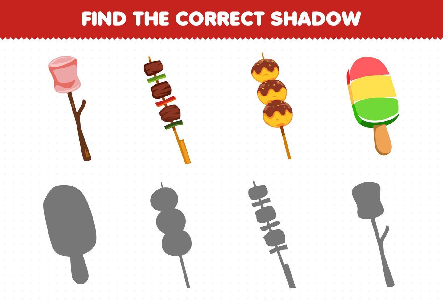 Education game for children find the correct shadow set of cartoon food and snack marshmallow yakitori takoyaki popsicle vector