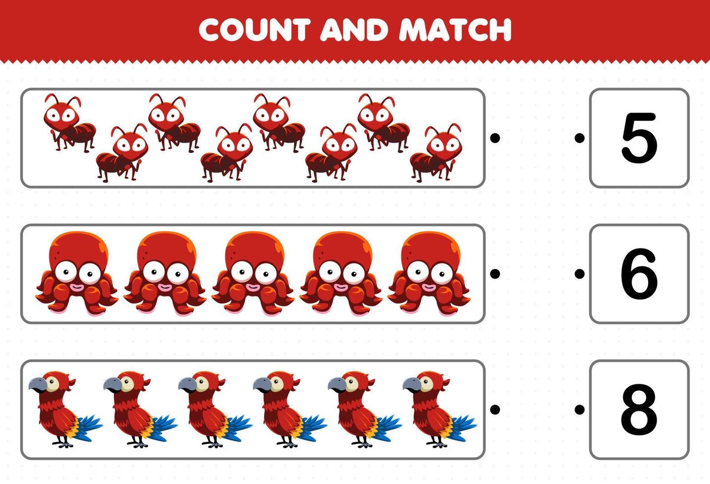 Education game for children count and match count the number of cute cartoon red animal ant octopus parrot and match with the right numbers printable worksheet vector