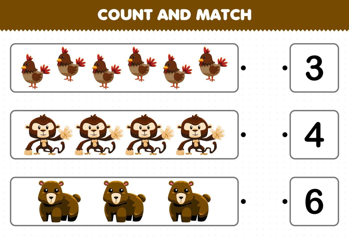 Education game for children count and match count the number of cute cartoon brown animal chicken monkey bear and match with the right numbers printable worksheet vector