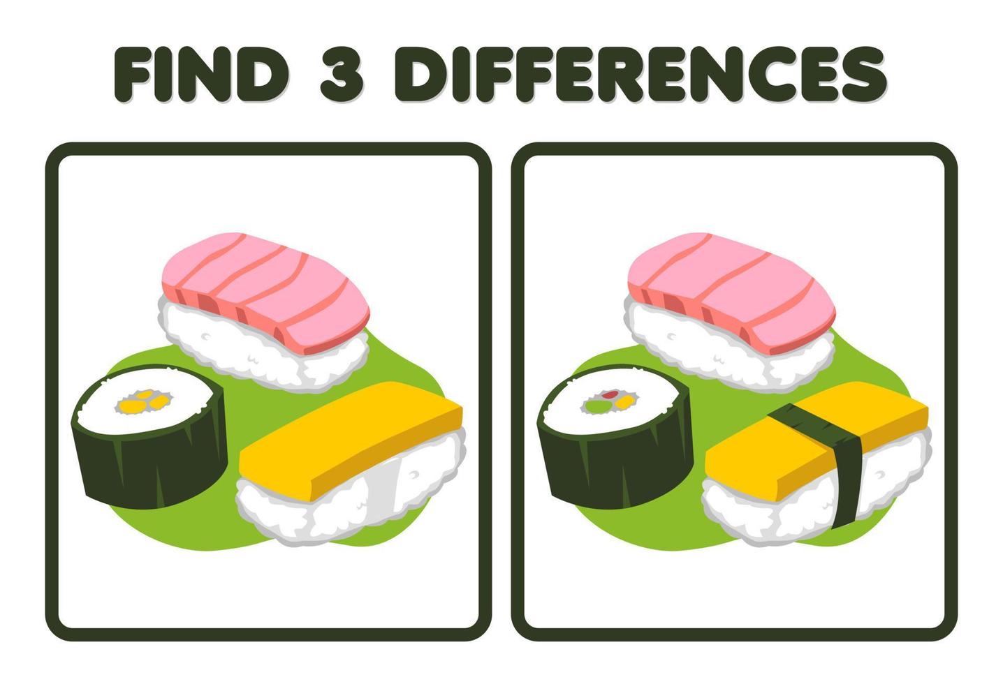 Education game for children find three differences between two cartoon picture of japanese food sushi vector
