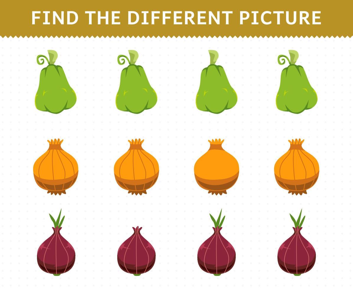 juego educativo para niños encuentra la imagen diferente en cada fila verduras chayote cebolla chalote vector