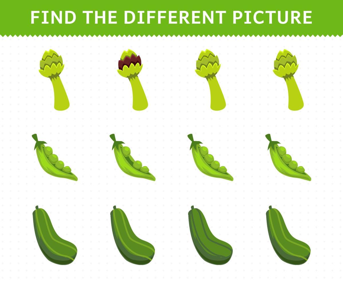 Education game for children find the different picture in each row vegetables asparagus peas cucumber vector