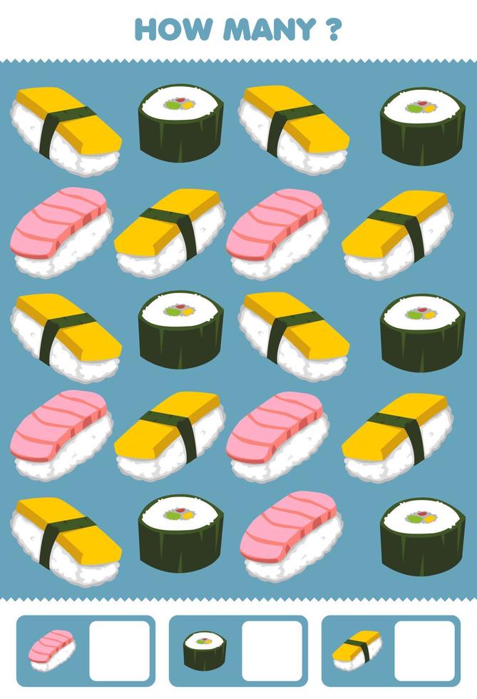 Education game for children searching and counting activity for preschool how many cartoon japanese food sushi vector