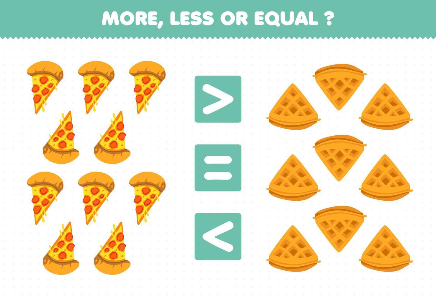 Education game for children more less or equal count the amount of cartoon food pizza waffle vector