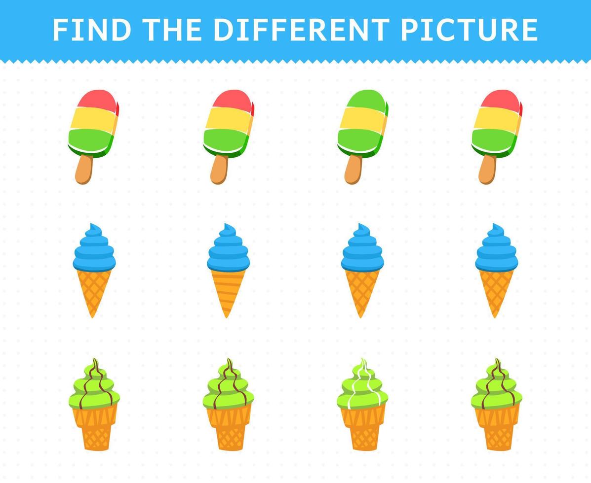 Education game for children find the different picture in each row foods ice cream popsicle vector