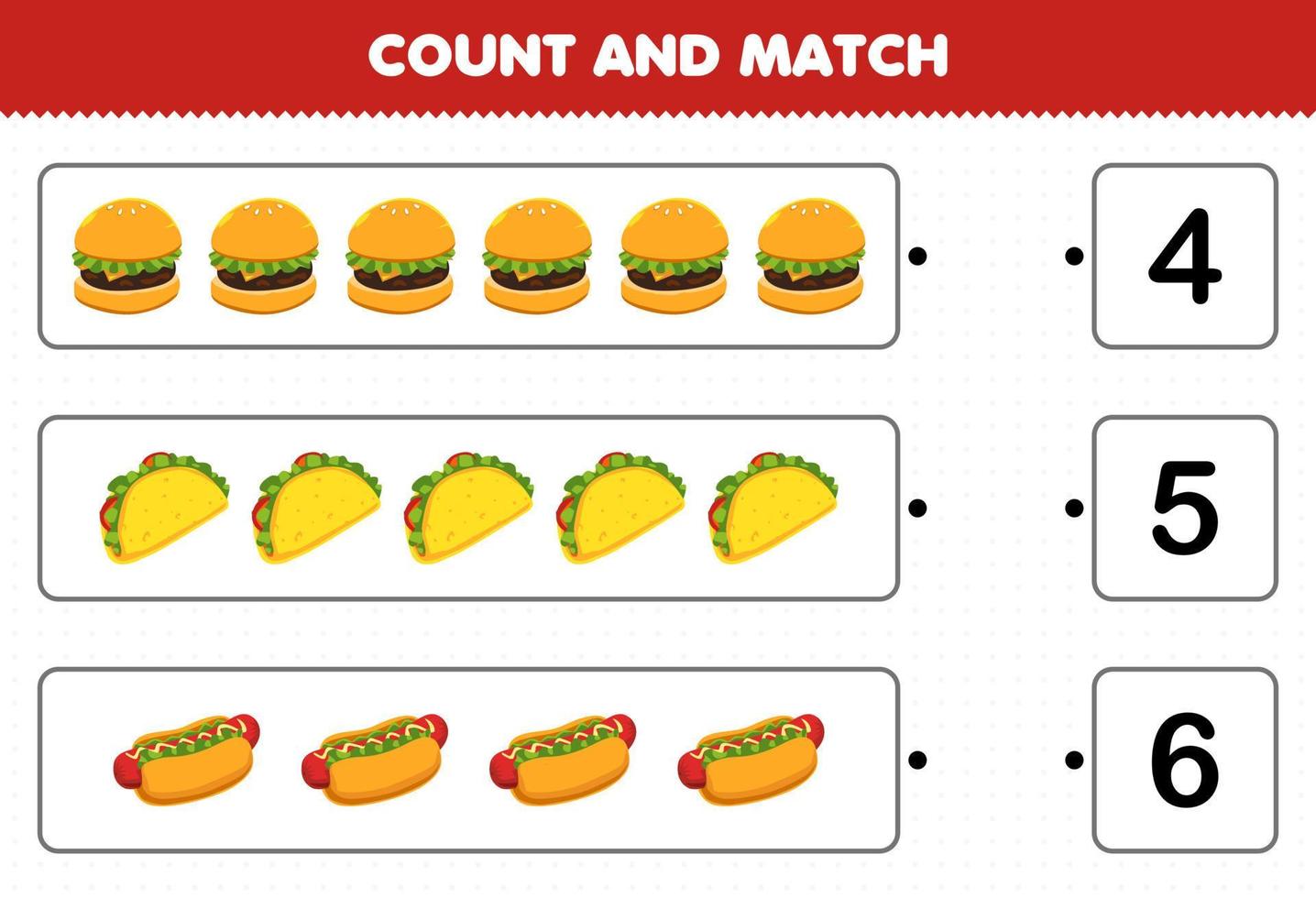 Education game for children count and match count the number of cartoon food burger taco hotdog and match with the right numbers printable worksheet vector
