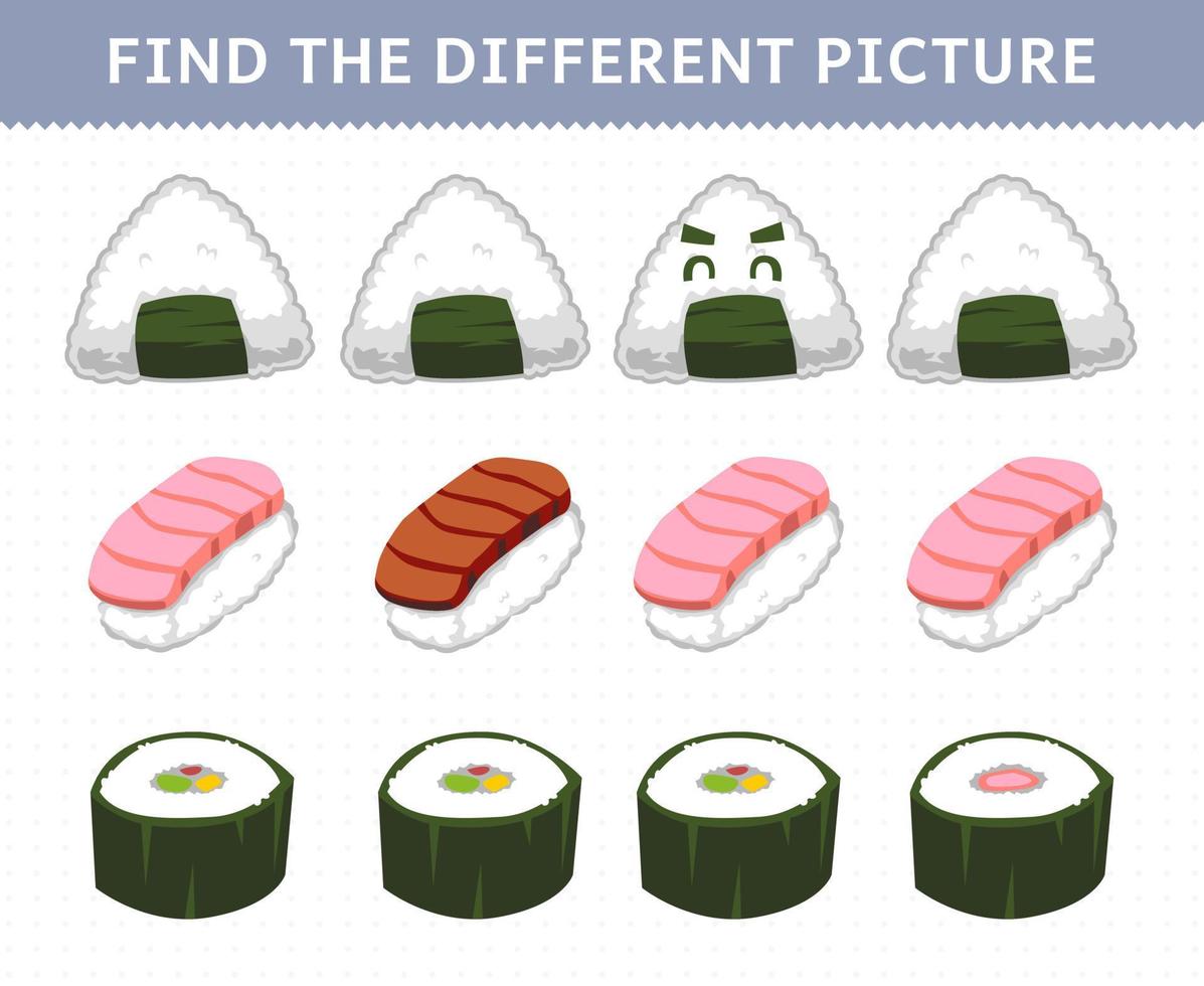 Education game for children find the different picture in each row japanese foods sushi onigiri vector