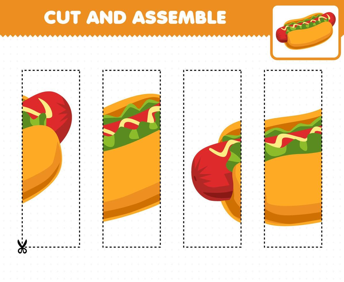 Education game for children cutting practice and assemble puzzle with cartoon food hotdog vector