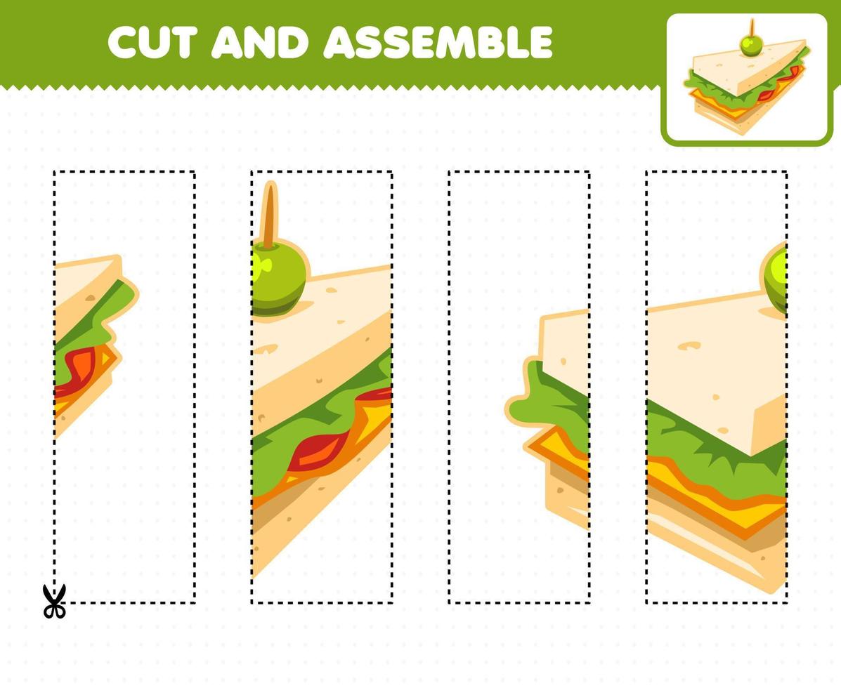 Education game for children cutting practice and assemble puzzle with cartoon food sandwich vector