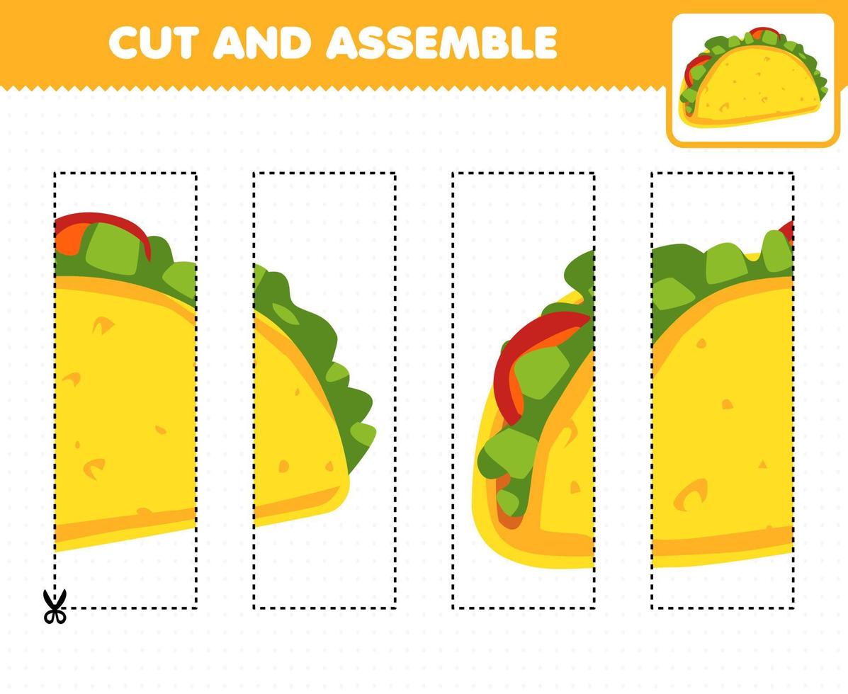 Education game for children cutting practice and assemble puzzle with cartoon food taco vector