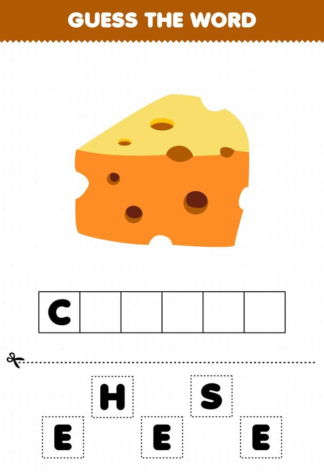juego educativo para niños adivina la palabra letras practicando dibujos animados comida queso vector
