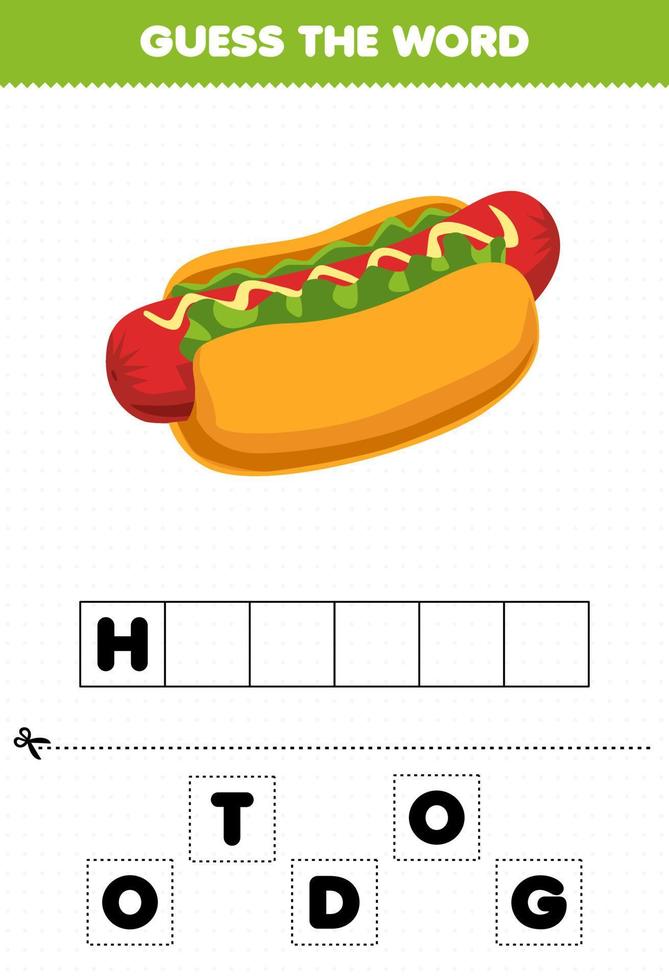 Education game for children guess the word letters practicing cartoon food hotdog vector