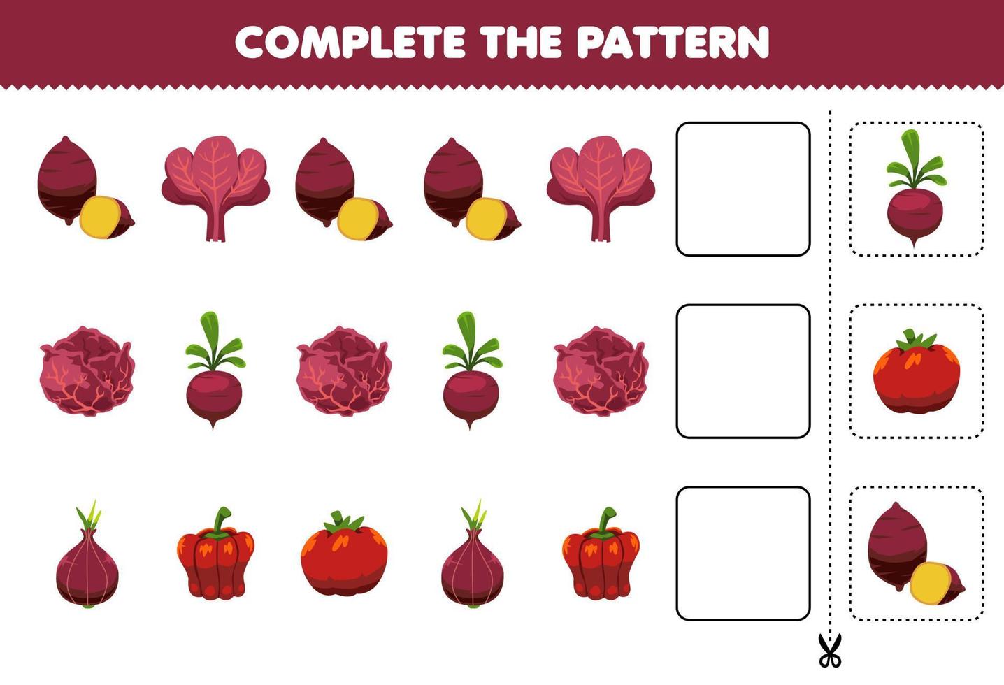 Education game for children complete the pattern logical thinking find the regularity and continue the row task with cartoon red vegetables vector