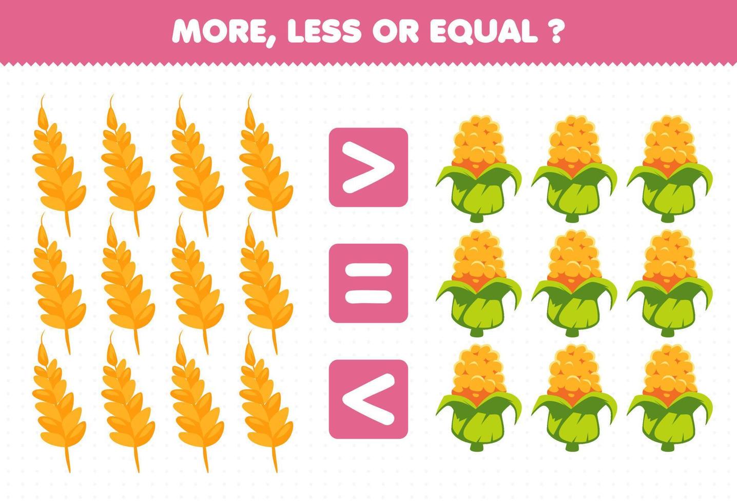 Education game for children more less or equal count the amount of cartoon vegetables wheat corn vector