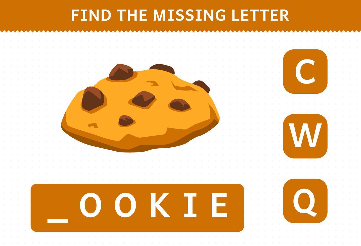 Education game for children find missing letter cartoon food snack cookie worksheet vector