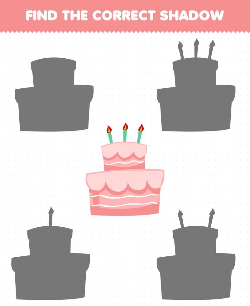 Education game for children find the correct shadow set of cartoon cake vector
