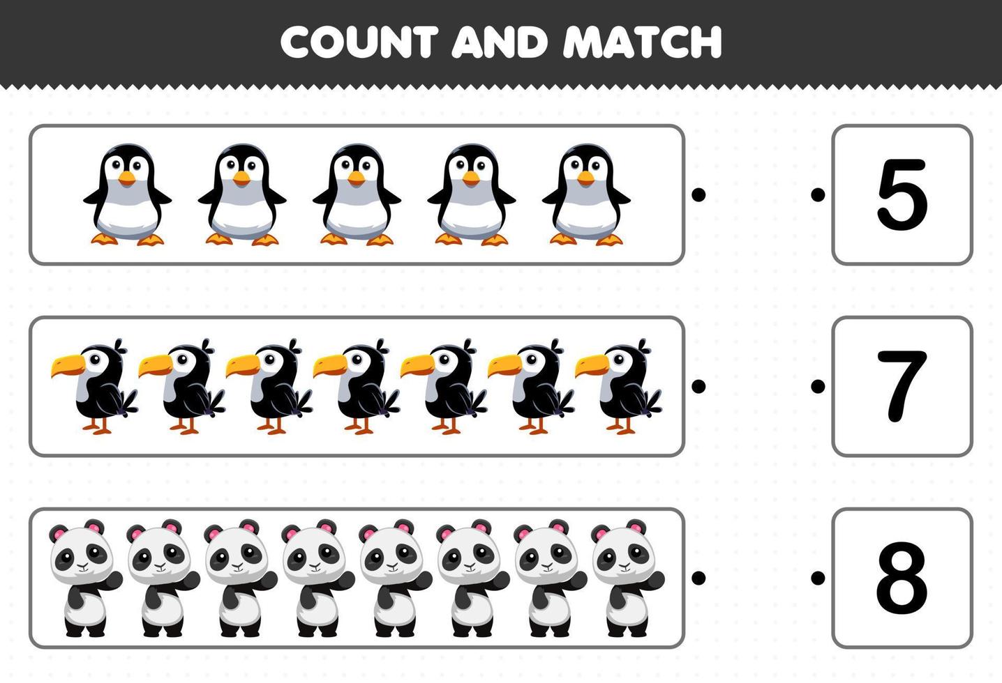 Education game for children count and match count the number of cute cartoon black and white animal penguin toucan panda and match with the right numbers printable worksheet vector