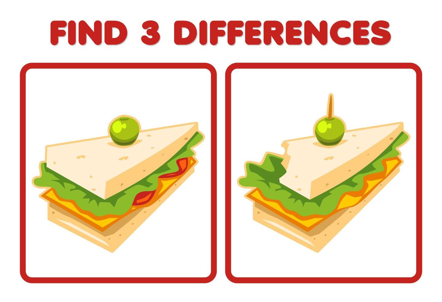 juego educativo para niños encuentra tres diferencias entre dos dibujos animados de sándwich de comida vector