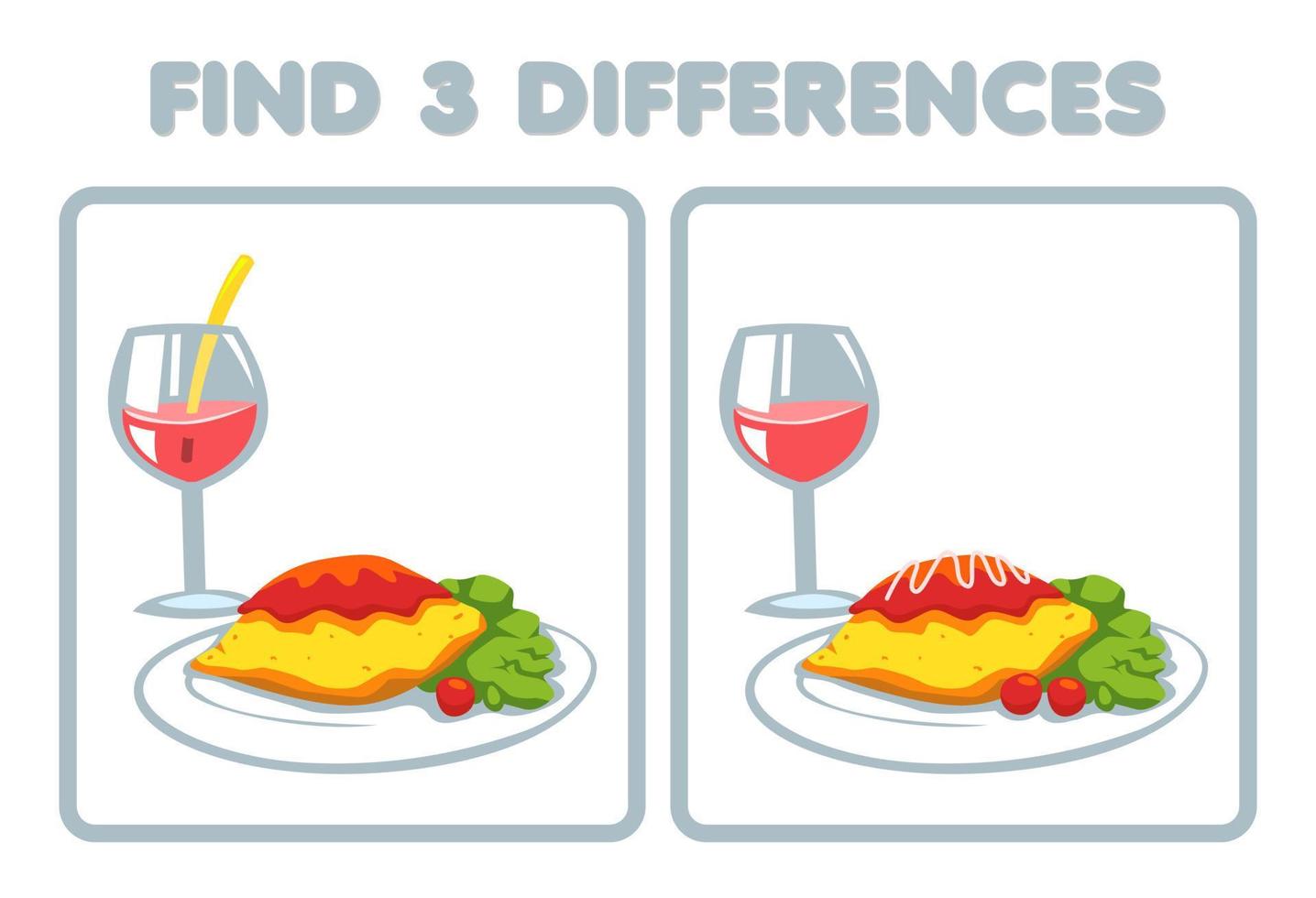 Education game for children find three differences between two cartoon picture of food omelet and juice vector