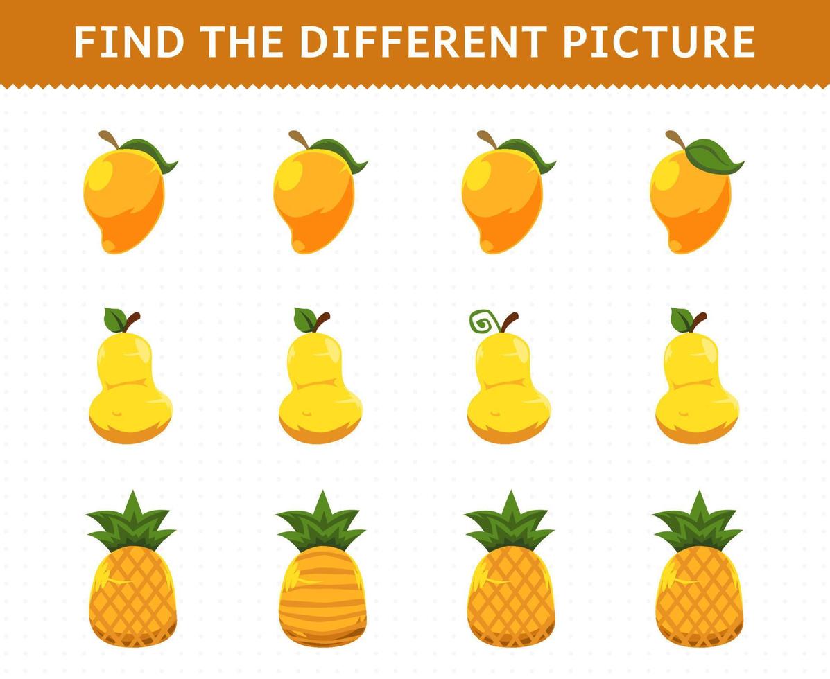 Education game for children find the different picture in each row fruits mango pear pineapple vector