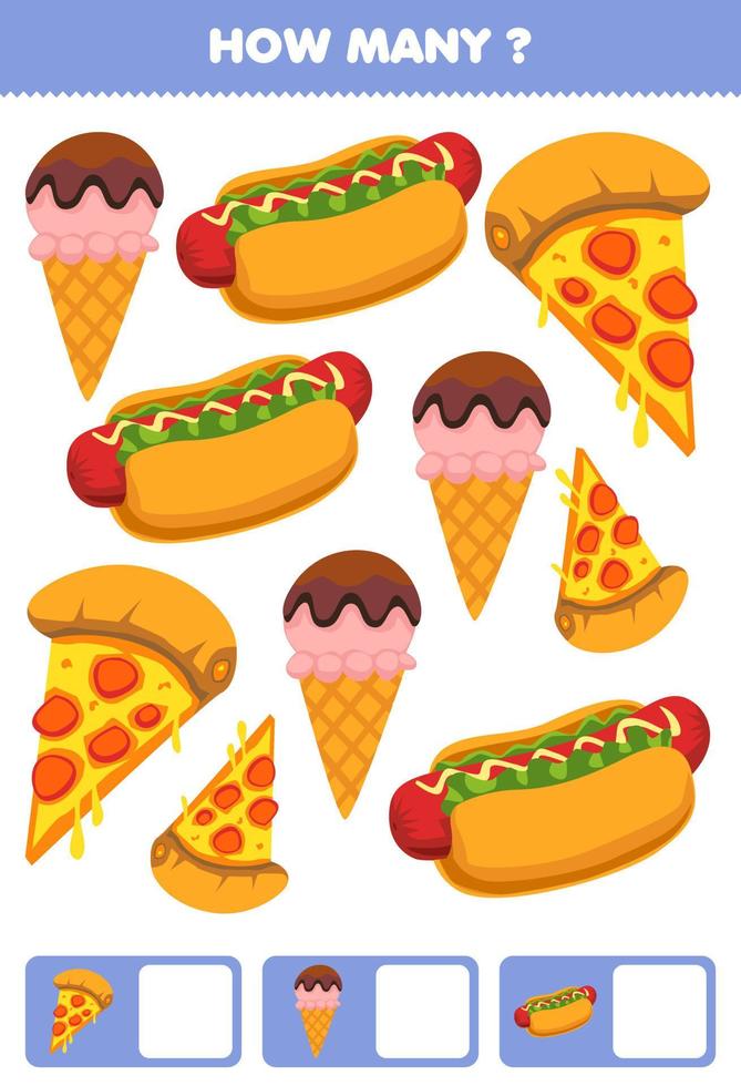 Education game for children searching and counting activity for preschool how many cartoon food snack ice cream pizza hotdog vector