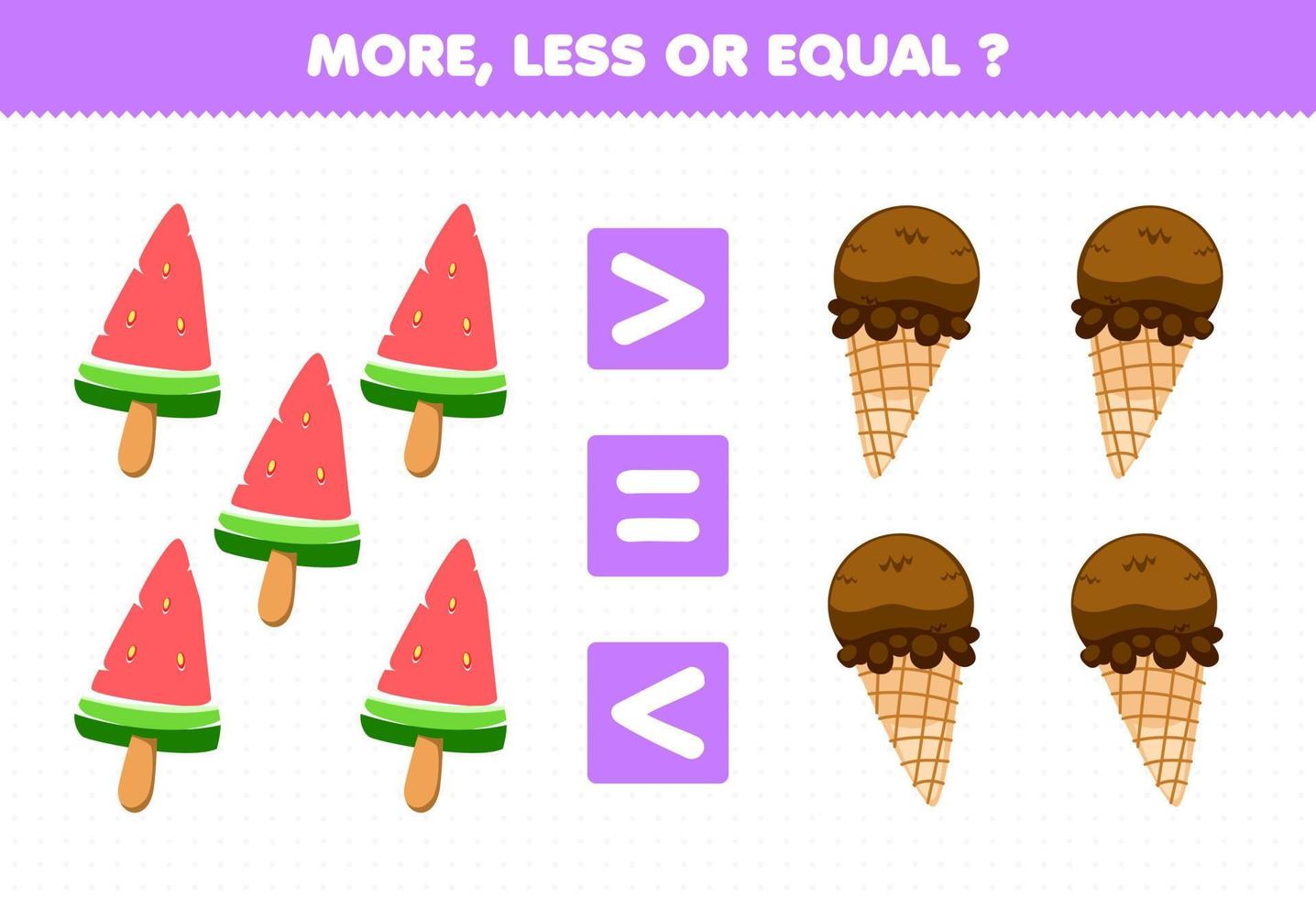 Education game for children more less or equal count the amount of cartoon food popsicle ice cream vector