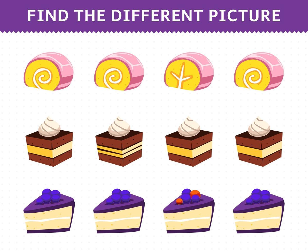 Education game for children find the different picture in each row foods cake vector