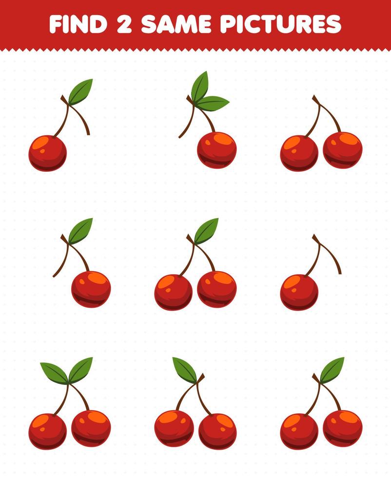 Education game for children find two same pictures fruit cherry vector