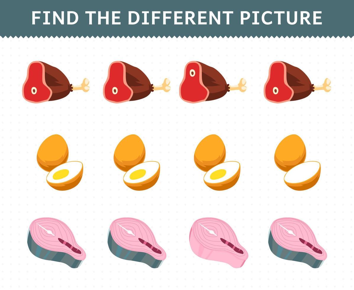 Education game for children find the different picture in each row foods beef egg salmon vector